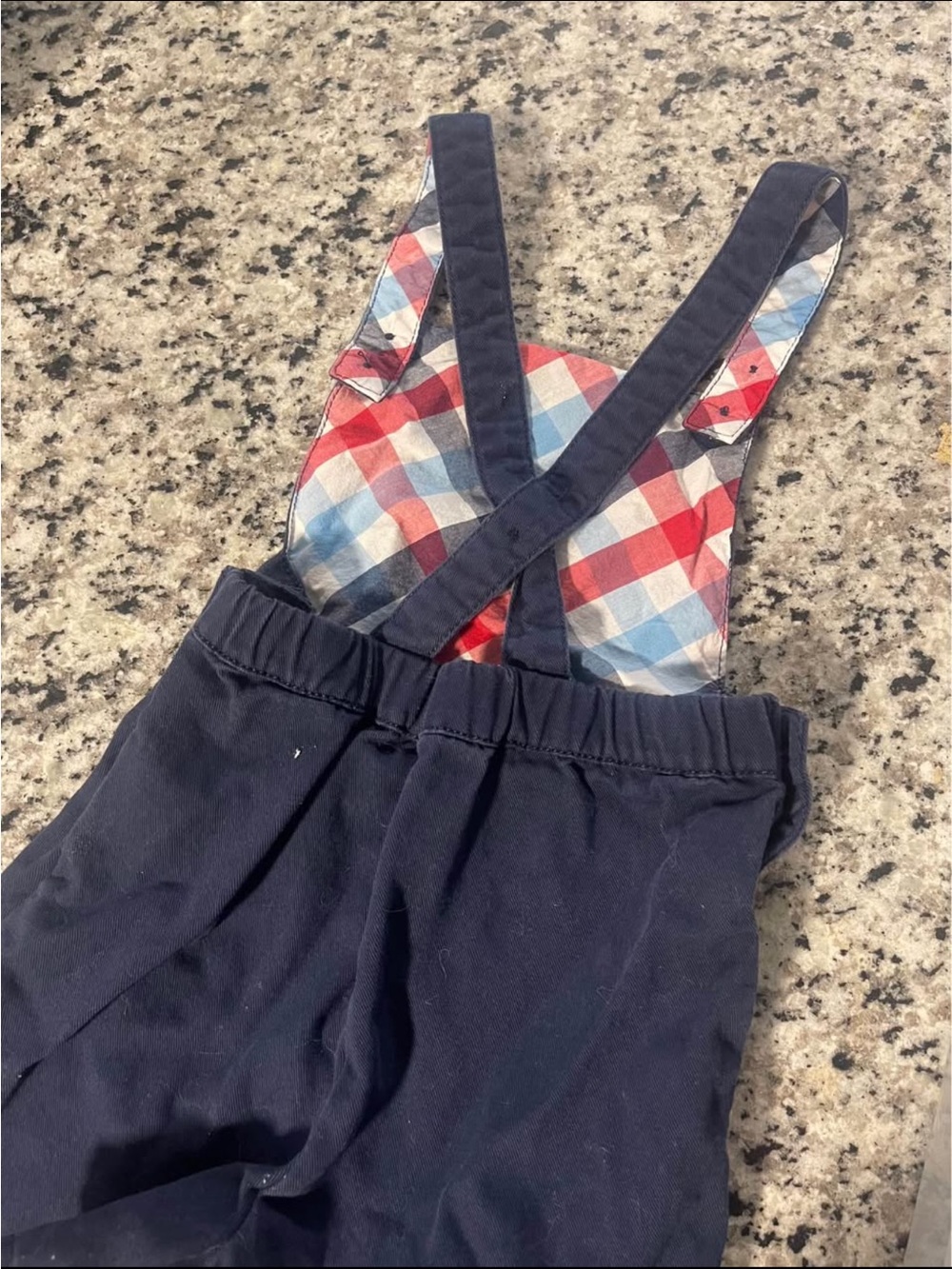 24m/2T Tommy Bahama Navy Blue Kids Suspender Bottoms with Red & Blue Plaid Bib